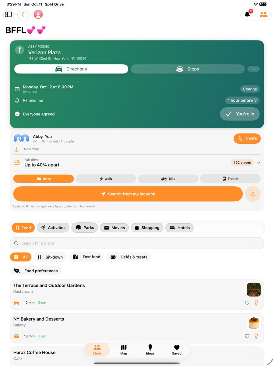 Split Drive on iPad: a group's agreed plan, travel options and nearby places